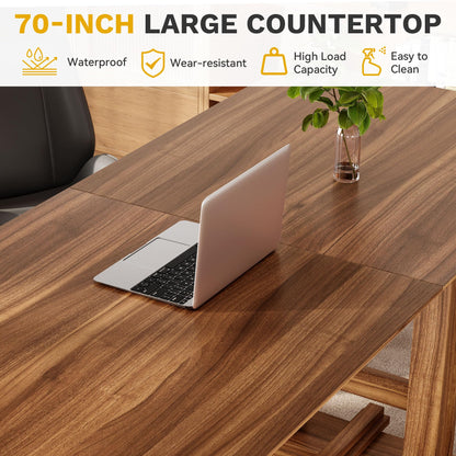 DWVO 70 Inch Computer Desk, Large Executive Office Table Workstation, Modern Farmhouse Style Laptop Wooden Sturdy Legs Writing Desk Business Furniture for Home, Dark Walnut