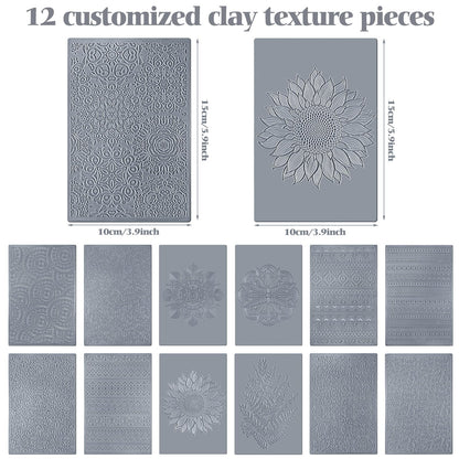 DoubleFill 12 Pcs Polymer Clay Texture Sheets Mat Works with Polymer Clay Cutter Embossin Roller DIY Tools for Pottery Earrings Jewelry Making DIY Craft Supply