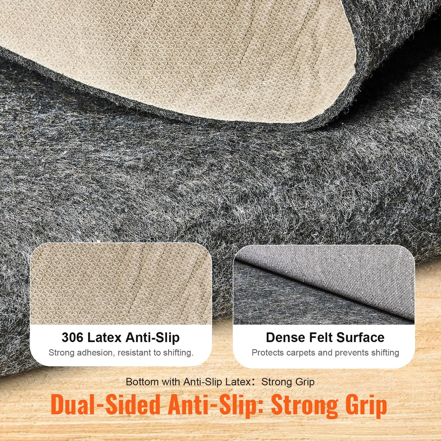 VEVOR 8' x 10' Non-Slip Rug Pad Gripper - 1/4" Thick Polyester Felt & Latex Backing Padding Cushion for Area Carpet Runner Hardwood Floors Living Room - Grey
