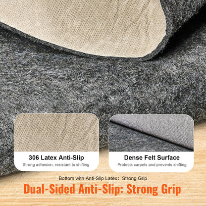 VEVOR 8' x 10' Non-Slip Rug Pad Gripper - 1/4" Thick Polyester Felt & Latex Backing Padding Cushion for Area Carpet Runner Hardwood Floors Living Room - Grey