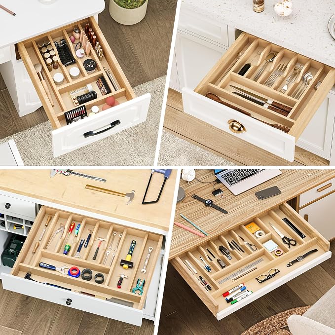 Clikuutory Natural Birch Wood Utensil Drawer Insert Organizer with 9 Compartments, Space-Saving Sturdy Drop-In Cutlery Divider Tray, Kitchen Cabinet Storage for Silverware, Spoons, Forks and Knives