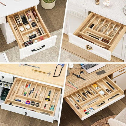 Clikuutory Natural Birch Wood Utensil Drawer Insert Organizer with 12 Compartments, Space-Saving Sturdy Drop-In Cutlery Divider Tray, Kitchen Cabinet Storage for Silverware, Spoons, Forks and Knives