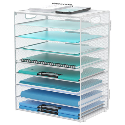 DALTACK 9-Tier Paper Organizer for Desk, Mesh Letter Tray Desk Organizer with Handles, Space-Saving File Organizer for Office Home School, White