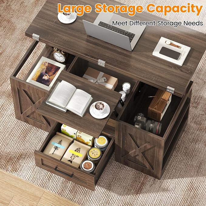 kepptory 39.4'' Lift Top Coffee Table with Storage, 4 in 1 Multi-Function Convertible Coffee Tables for Living Room, Farmhouse Coffee Table with Open Storage Compartment & Drawers (Walnut)
