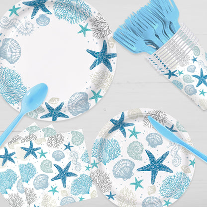 Vellumvibe 168pcs Coastal Beach Paper Plate Napkin Blue Starfish Seashell Party Supplies Disposable Tableware Set for Summer Ocean Birthday Party Decorations Serve 24 Guests