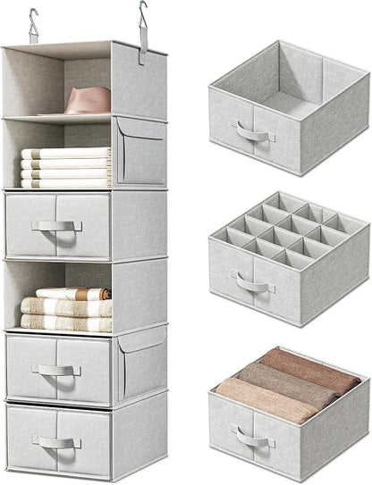 Vailando 6-Shelf Hanging Closet Organizer with 3 Drawers, Closet Hanging Shelves with Removable Fabric Drawers for Wardrobe, Nursery & Dorm Storage, Silver Gray