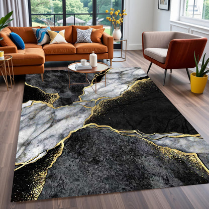 Modern Aesthetic Grey Black Gold Marble Abstract Area Rug 5x7 Non-Shedding Soft Rug for Livingroom Bedroom Diningroom Indoor Office Kitchen Floor Carpet