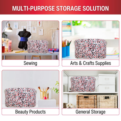 SINGER Large Round Sewing Basket with Emergency Travel Sewing Kit & Matching Zipper Pouch - Rose Pink Leopard Print