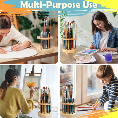 Dlicoda 52 Holes Paint Brush Holder, 360° Rotating Paint Brush Organizer, Hardwood Storage Stand Rack for Artists Brushes, Crafts Tools, Makeup Brush, Calligraphy Pens