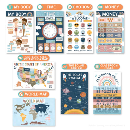 Hadley Designs 16 Educational Posters for Classroom Decor - Boho Educational Posters for Toddlers 1-3, Toddler Learning Posters for Kids Ages 3-5, Kindergarten & Preschool Classroom Must Haves