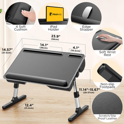 FoldWise 2-in-1 Lap & Bed Desk with Soft Cushions - Adjustable Height & Angle, Foldable Laptop Stand for Bed & Couch - Wrist Rest, iPad Holder, Stopper & Non-Slip Leather - Bed Table for Adults & Kids