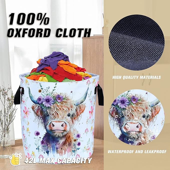 Highland Cow Laundry Basket Foldable Waterproof Oxford Cloth Funny Tote Bag