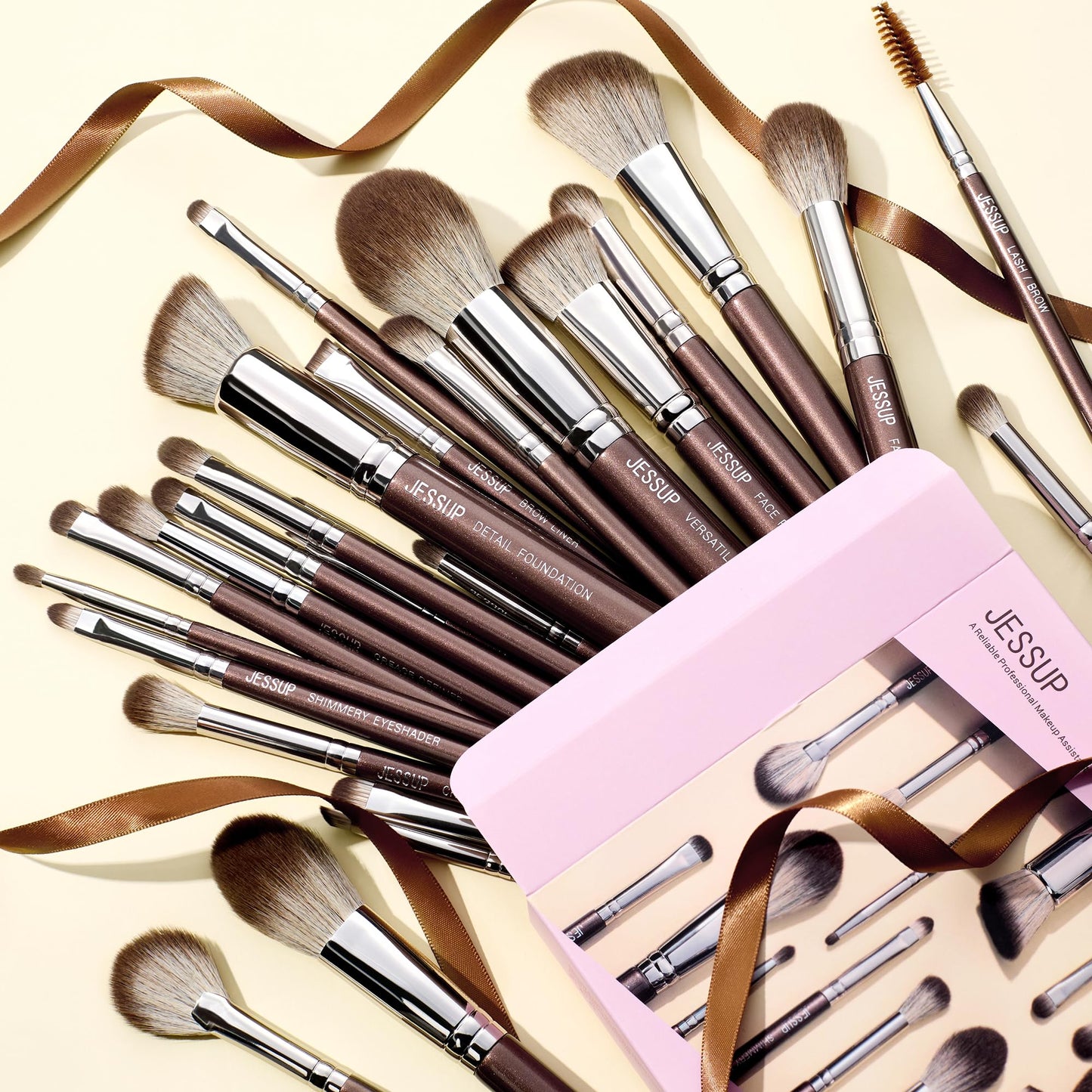 Jessup Brand 25pcs Professional Makeup Brush Set Beauty Cosmetic Foundation Powder Blusher Eyeshadow Blending Highlight Concealer Natural-Synthetic Hair Brushes Set (Pearl White/Silver)