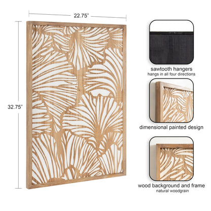 Kate and Laurel Sago Modern Decorative Wood Art Plaque; 23 x 33; White and Rustic Brown; Painted Wood Floral Wall Art with Dimensional Design for Living Room Decor