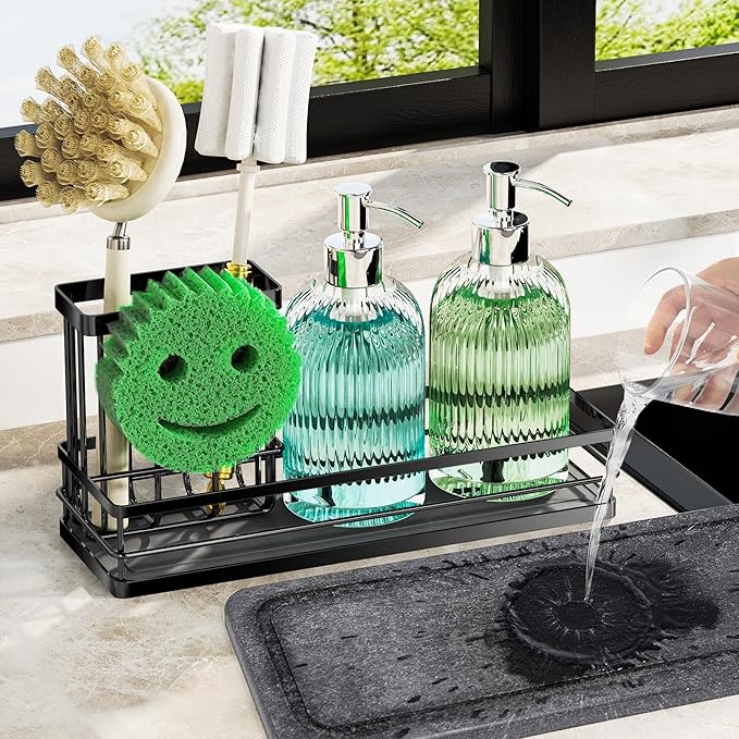 Sink Caddy Organizer with Water Absorbing Stone Tray, Instant Dry Sponge Holder