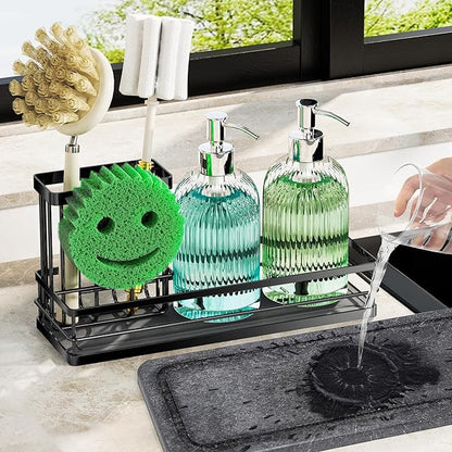 Sink Caddy Organizer with Water Absorbing Stone Tray, Instant Dry Sponge Holder