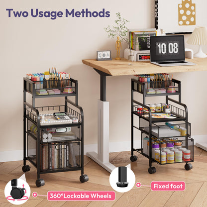 SWTYMIKI Rolling Cart with Drawers - Metal Craft Cart with Wheels, DIY Divider and Wood Shelf, Art Supply Organizer for Under Desk Storage, Utility Storage Cart for Home Office Studio, Black