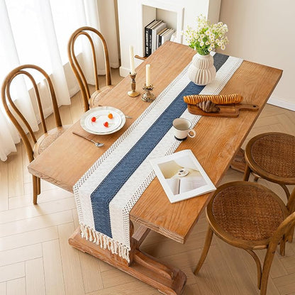 FEXIA Boho Blue Table Runner 60 Inches Long with Tassels Macrame Farmhouse Summer Style Graduation Party Rustic Wedding Baby Shower Dining Kitchen Living Room Decor (12x60 Inches)