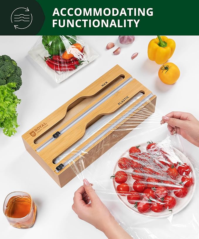 ROYAL CRAFT WOOD Bamboo Kitchen Foil and Plastic Wrap Organizer for Drawer with Cutter 2-Slots