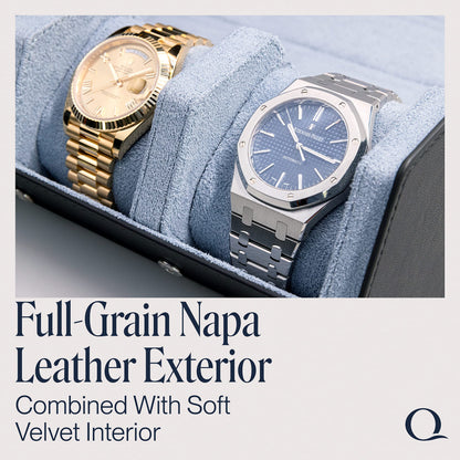 QWATCHBANDS Napa Leather Watch Rolls for Men - Hexagon Triple Watch Roll Travel Case for 3 Watches - Storage Organizer Genuine Leather with Velvet Interior Display (Gray/Blue)