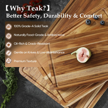 3 Pack Teak Cutting Board Set for Kitchen Wood Charcuterie Board with Juice Groove Wooden Cutting Boards Non Toxic Heavy Duty Slip Over Sink Solid Thick Chopping Board FSC