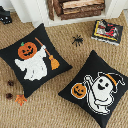 Jonhier Halloween Black Throw Pillow Cover, Embroidered Pumpkin Ghost Decorative Cushion Case for Sofa Bed Patio, Textured Pillowcase Thanksgiving Fall Decor Indoor Outdoor (Pumpkin Man, 18” x 18”)