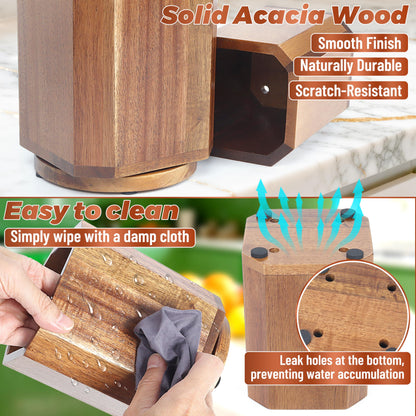 KINGSOW Wooden Utensil Holder Set: 3PCS Extra Large Acacia Wood Organizer with 360° Rotating Base for Kitchen Countertop - Farmhouse Storage Crock for Multi-Generation Family & Cooking Enthusiasts