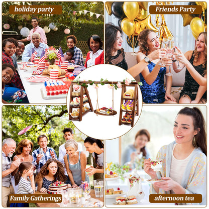 3 Tier Wooden Cupcake Stand with Swing and Flower Decoration, Large Dessert Stands with Serving Tray, Removable Trays, Foldable Ladder Food Display Set for Cake Snack Fruit Chips Bread Centerpieces (Dark Brown)