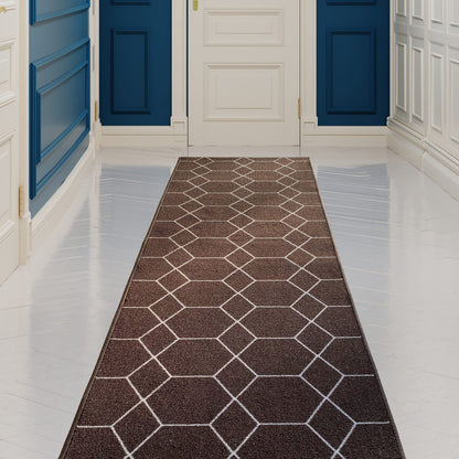 Custom Made Runner Rug for Kitchen Foyer Hallway Entry Choose Your Length Size 26 Inch Wide Geometric Lattice Design Brown Color (15 feet x 26 inch)
