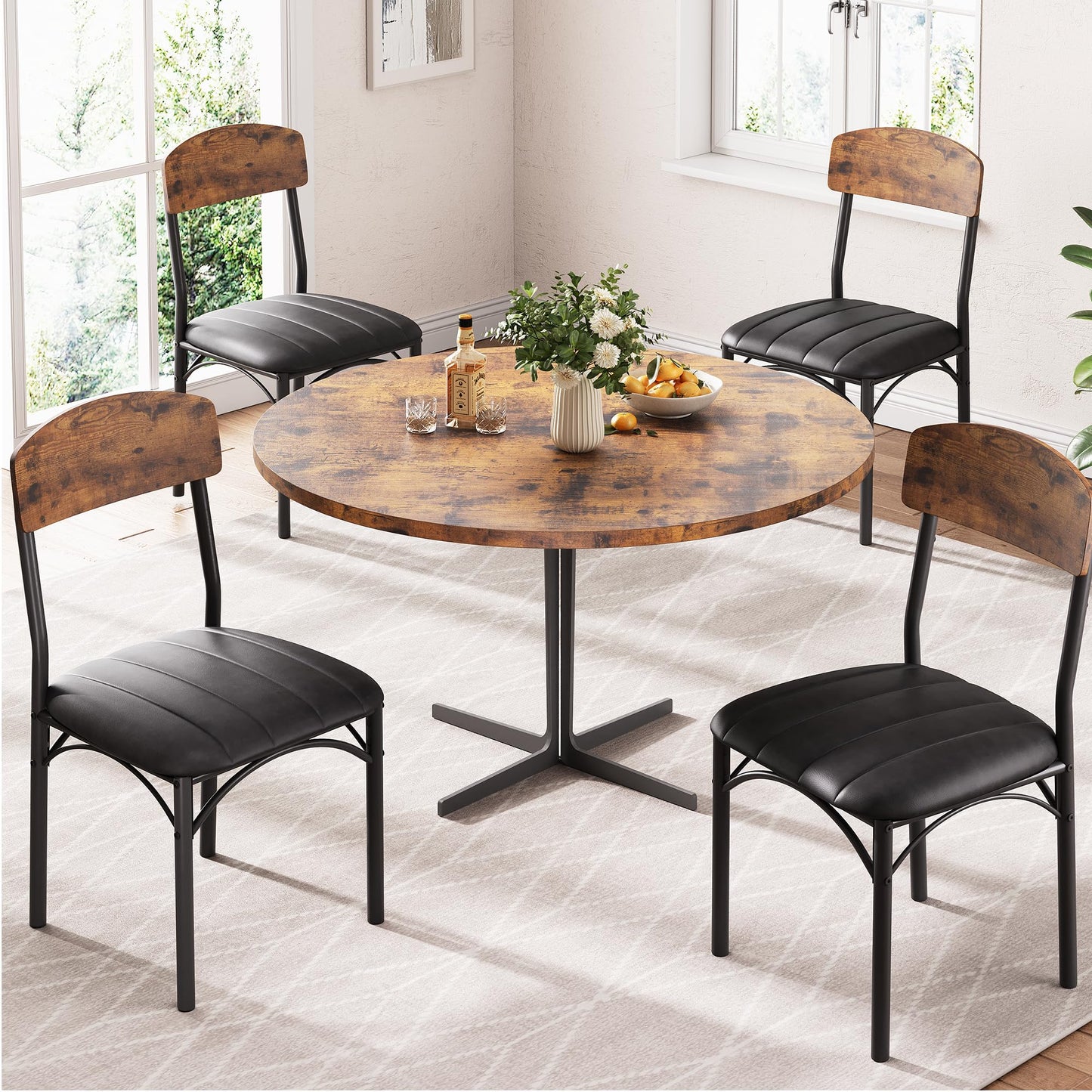 Jocoevol Dining Chairs Set of 4 - Upholstered Dining Room Chairs with PU Leather, Industrial Kitchen Chairs with Wooden Backrest and Thickened Metal Legs, for Dining Room, Living Room (Vintage)