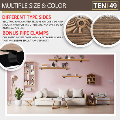 TEN49 Real Wood Rustic Floating Shelves Wall - 24 Wide Small Wooden Industrial Pipe Shelving - Farmhouse Pipe Wall Shelves Furniture Bathroom Decor Art Shelf Kitchen - Dark Espresso Color - Set of 2