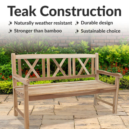 Sunnydaze 2-Person Outdoor Bench for Front Porch or Park - Wooden Teak Patio Garden Bench with Backrest - 675 lb Weight Capacity - Crossback