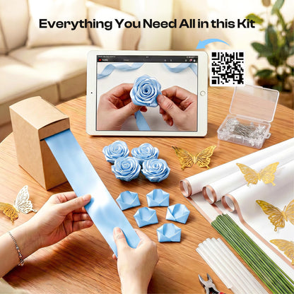 Caydo Sky Blue Ribbon Rose Bouquet for 2026 Graduation Gifts, 91PCS Ribbon Flower Making Kit with Floral Stem Wire, Wrapping Paper, Glue Stick, 3D Butterfly & Diamond Pins