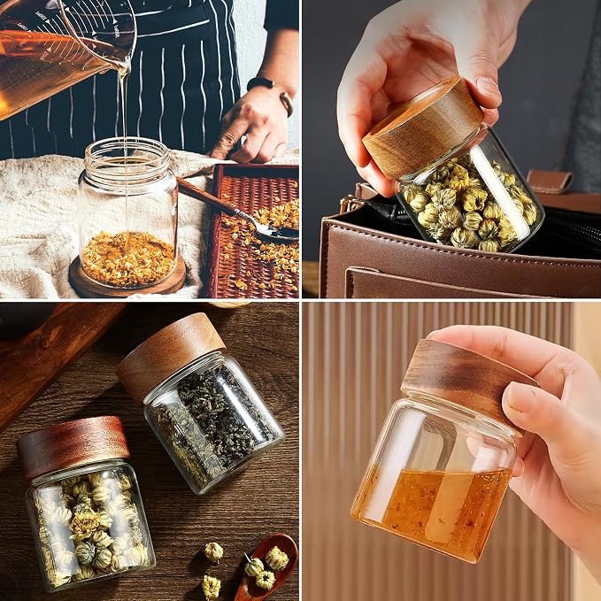 12 oz/350 ml Clear Glass Storage Canister with Airtight Wooden Lid, Small Overnight Oats Containers, Cute Decorative Salad Jar for Snacks Yogurt Spice Sugar Cereal Fruit Coffee Tea -4 Pack