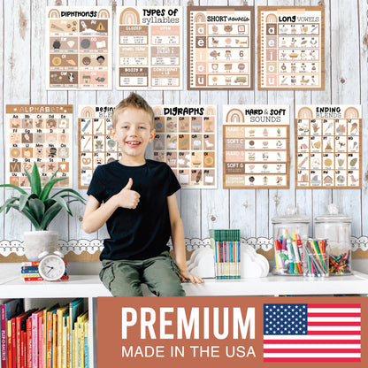 Hadley Designs Phonics Posters for Classroom Must Haves - 9 Sound Wall for Kindergarten & Elementary Teacher Supplies, Syllable, Vowels, Digraphs & Blends Bulletin Board Set, Boho Classrom Decor