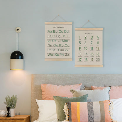 HRQKO Alphabet Numbers Poster Hanger Frame Set of 2, Nursery Wall Decor, Boho ABC Poster Wall Art with Wooden Frames, Sage Green Alphabet Banner Wall Hanging Decor for Toddler Playroom, 12x16 Inch