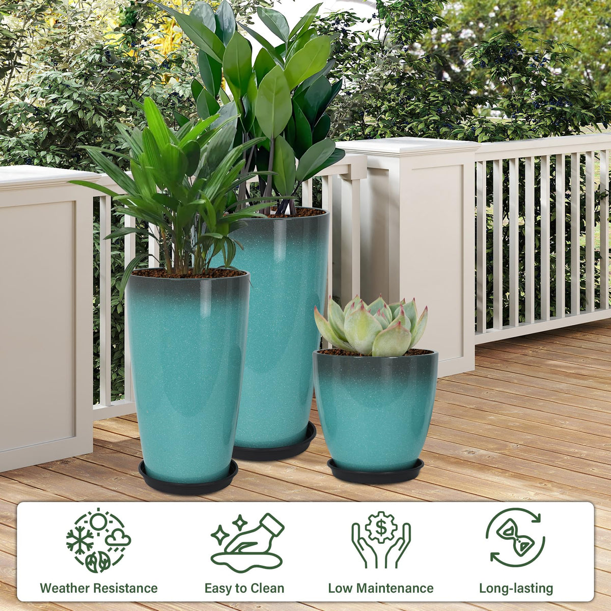 Neoaider 24/21/12 Inch Large Plastic Planter, Lightweight Ceramic-Look Tall Planters with Drain Hole & Saucers, Tall Plastic Planters for Porch, Garden, Patio, Balcony(Sky Blue)