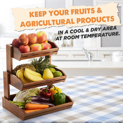 HOLANA Acacia 3 Tier Fruit Basket for Counter – Wooden Fruit Bowl for Kitchen Counter Organizer & Produce Storage Wooden Basket, Snack Organizer for Countertop, Kitchen Counter Storage (Acacia)