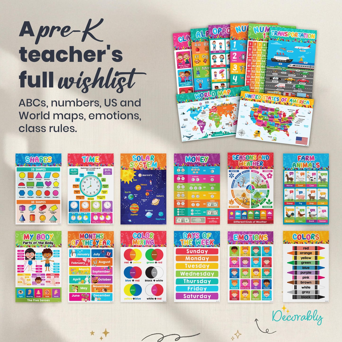 Decorably 20 Vibrant Learning Posters for Toddlers 1-3, 11x17in Educational, Matte-Laminated Classroom Decor - for School Hallways, Bulletin Boards, Home Study Room