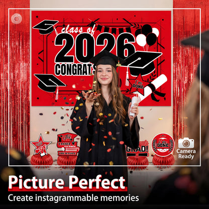 Graduation Party Decorations 2026–Black Red Grad Banner, Class of Backdrop, Balloons, Fringe Curtains and Foil Balloon, Streamers Kit–Complete Graduation for High School & College Celebrations (Red)