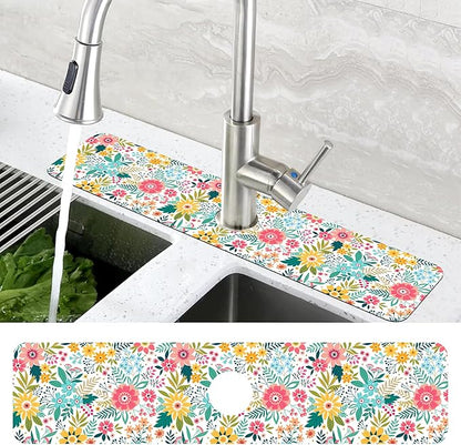 Colorful Floral Leaves Berries Kitchen Sink Splash Guard Mat Absorbent Fast