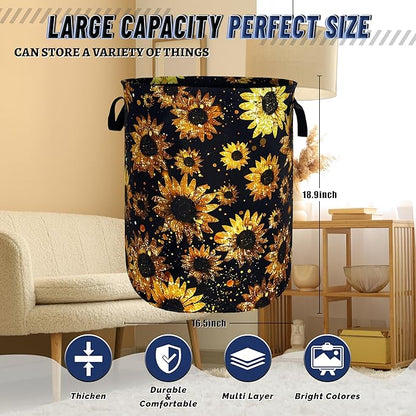 Beautiful Sunflower Laundry Basket Foldable Oxford Cloth Yellow Floral Laundry