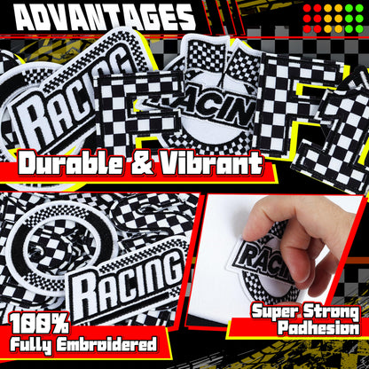 Meneng Letters and Numbers Patches for Racing: 82 Pcs Iron On Checkered Letters with Car Patches - Embroidered Flag Lightning Patch for Jacket Hat Customization