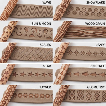 YANGYIXIN Wooden Clay Texture Rollers Set 10Pcs for Pottery Clay Roller and Texture Roller Tool Set with 10 Wooden Stamps & Textured Rolling Pins for Ceramics, DIY Handmade Art and Craft Supplies.