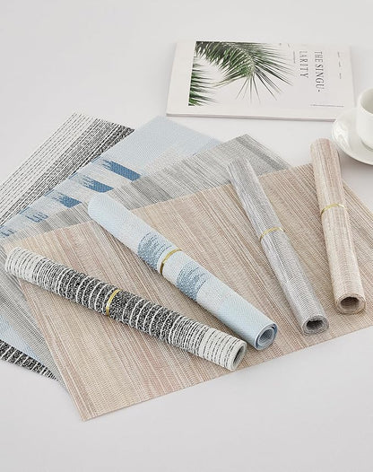 Leetaltree Geometric Print Blue Placemats Set of 6 - Heat Resistant Non-Slip Place mats for Dining Table, Washable Durable PVC Vinyl Woven Table Mats (Geometric Blue, 6)