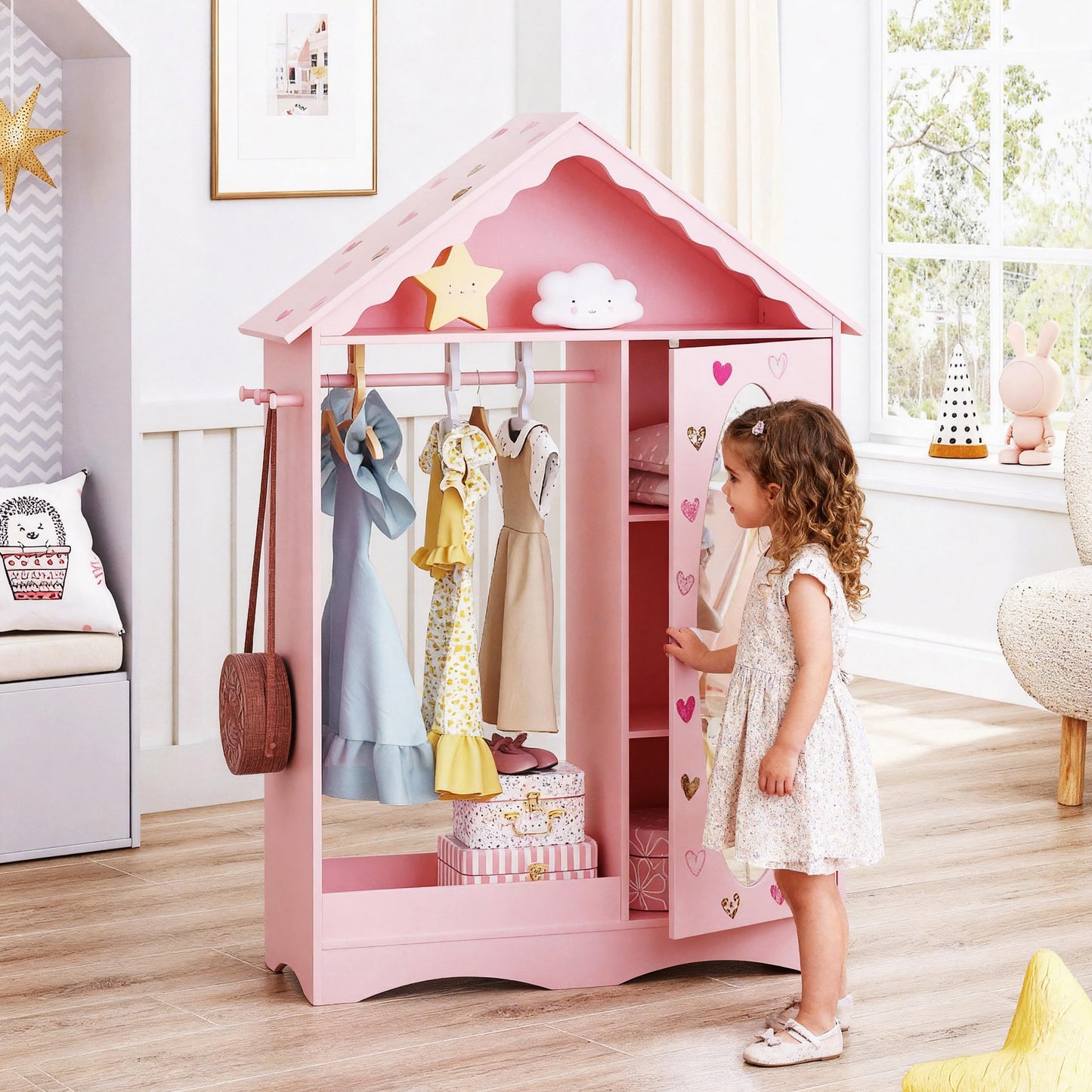 UTEX Kids Dress Up Storage with Mirror, Kids Wardrobe Closet, Dress Up Armoire for Little Girls, Open Hanging Costume Organizer with Storage Cabinet for Kids Room, Playroom