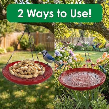 Red Ceramic Bird Bath Bowl - Hanging Bird Baths for Outdoors - 12-Inch Glazed Ceramic Bowl with Embossed Cardinal & Dogwood Design - Metal Chain & Hook