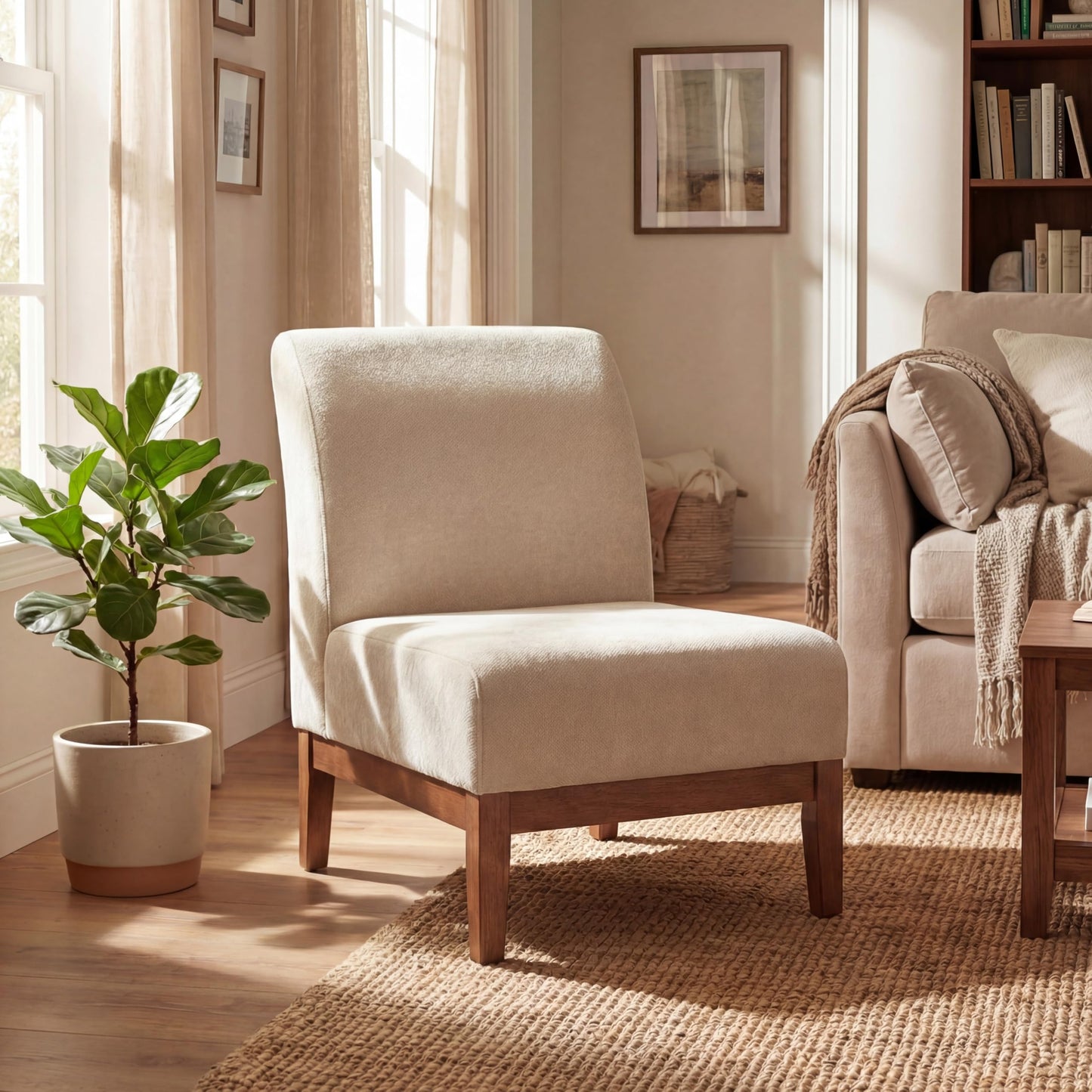 Christopher Knight Home Lynnex Modern Accent Chair for Living Room, Fabric Upholstered Single Lounge Sofa Chair with Wooden Frame, Comfy Reading Chair for Bedroom, Lounge Armless Chair, Beige+Walnut