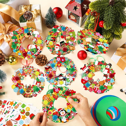 Hollowfly 48 Sets Christmas Wreath Craft Kits for DIY Santa Claus Wreath Hanging Ornaments Make Your Own Paper Xmas Craft with Stickers for Christmas Party Favors School Classroom Activities