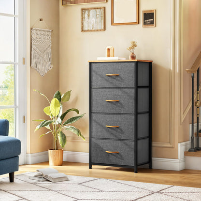 DWVO 4 Drawers Dresser, Small Dresser for Bedroom, Fabric Storage Tower, Chest of Drawers, Organizer Unit for Closets, Living Room, Sturdy Steel Frame, Wooden Top, Easy Pull Handle
